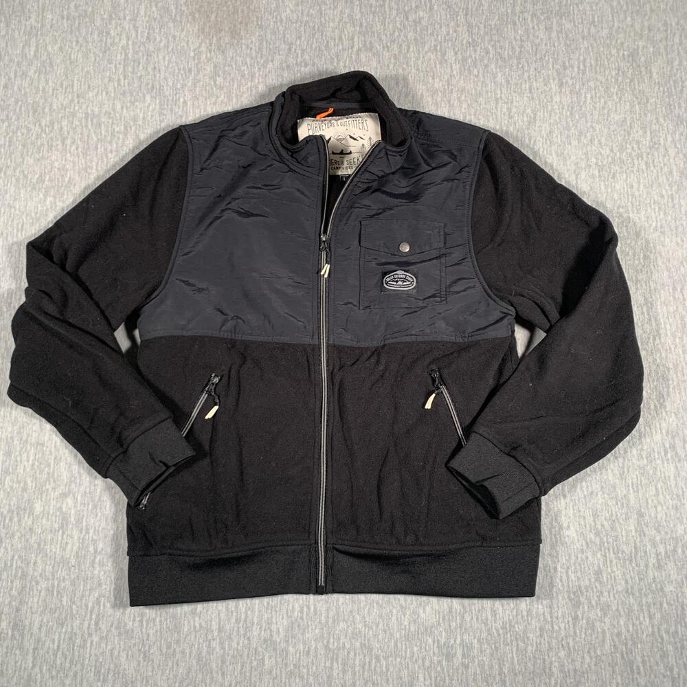 Poler Outdoor Stuff Jacket Mens Large Black Fleece Full Zip Nylon Panel Camp